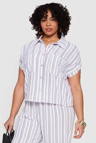 Plus Striped Crepe Knit Button Front Shirt