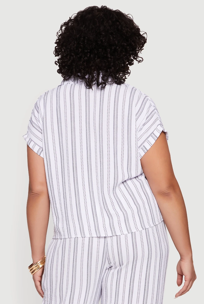 Plus Striped Crepe Knit Button Front Shirt