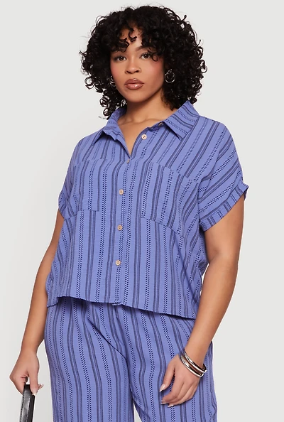 Plus Striped Crepe Knit Button Front Shirt