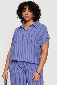 Plus Striped Crepe Knit Button Front Shirt