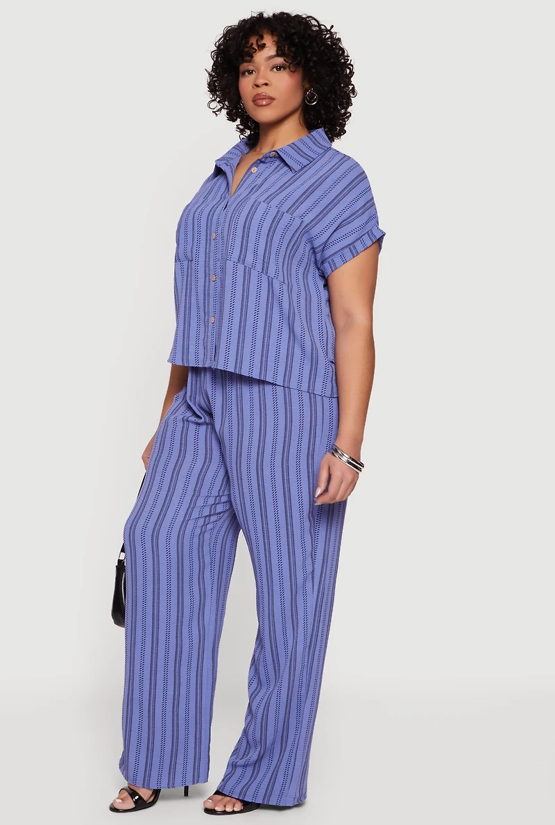Plus Striped Crepe Knit Button Front Shirt