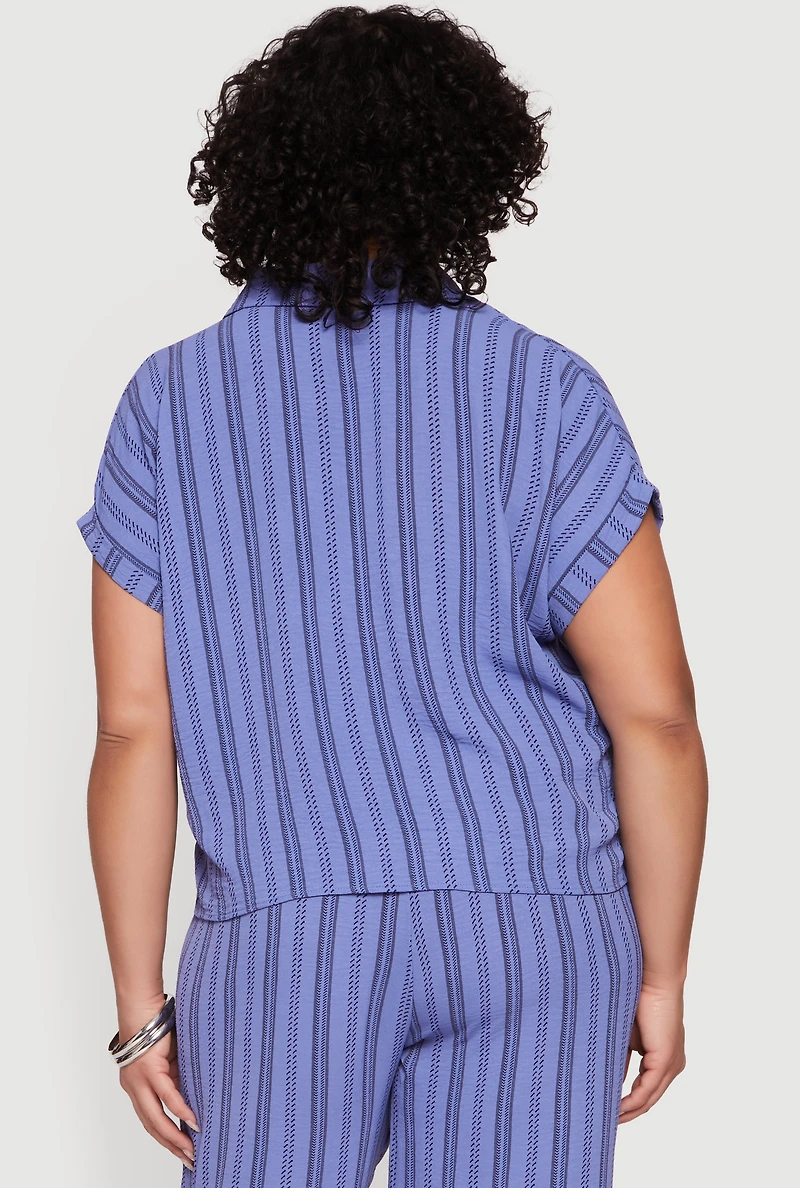 Plus Striped Crepe Knit Button Front Shirt