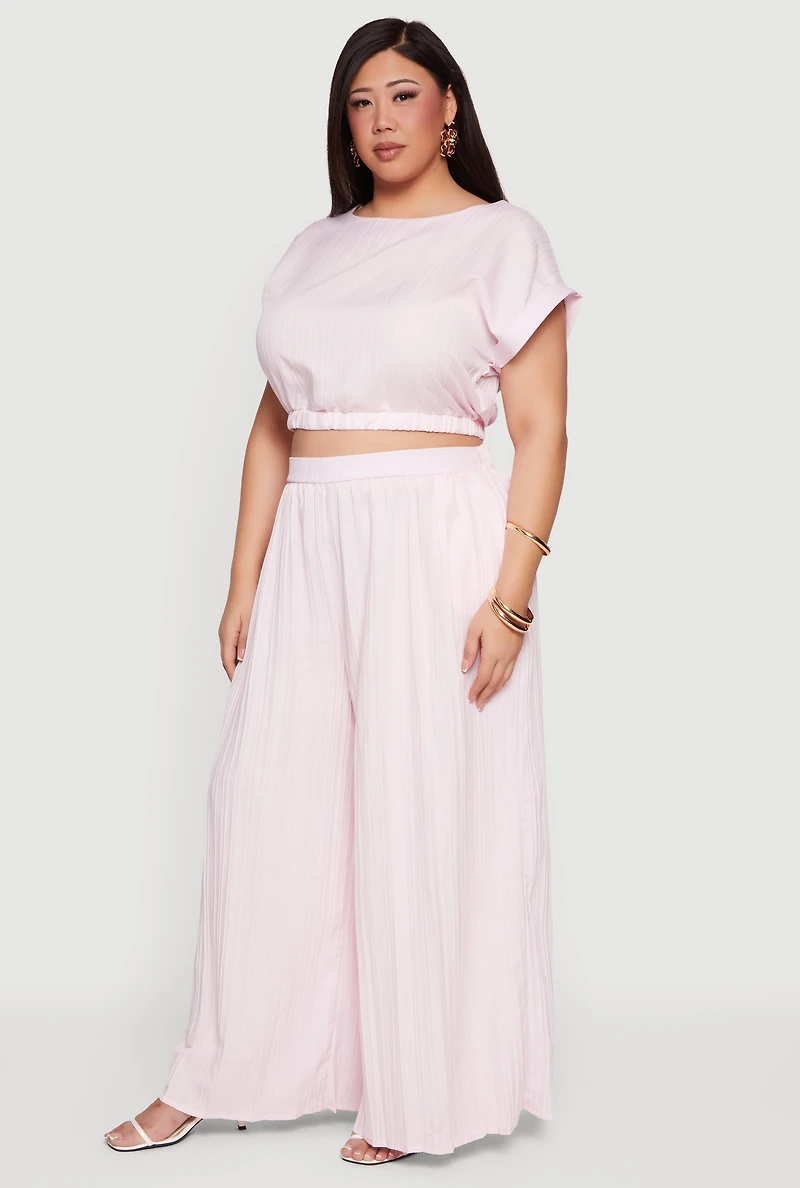 Plus Textured Knit Boat Neck Bubble Hem Crop Top