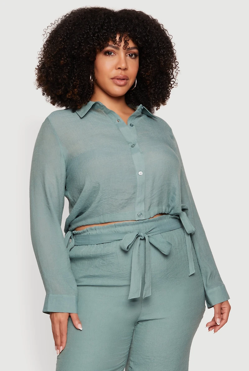 Plus Gauze Knit Cropped Button Front Shirt