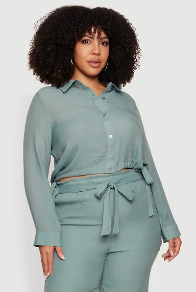 Plus Gauze Knit Cropped Button Front Shirt