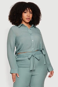 Plus Gauze Knit Cropped Button Front Shirt