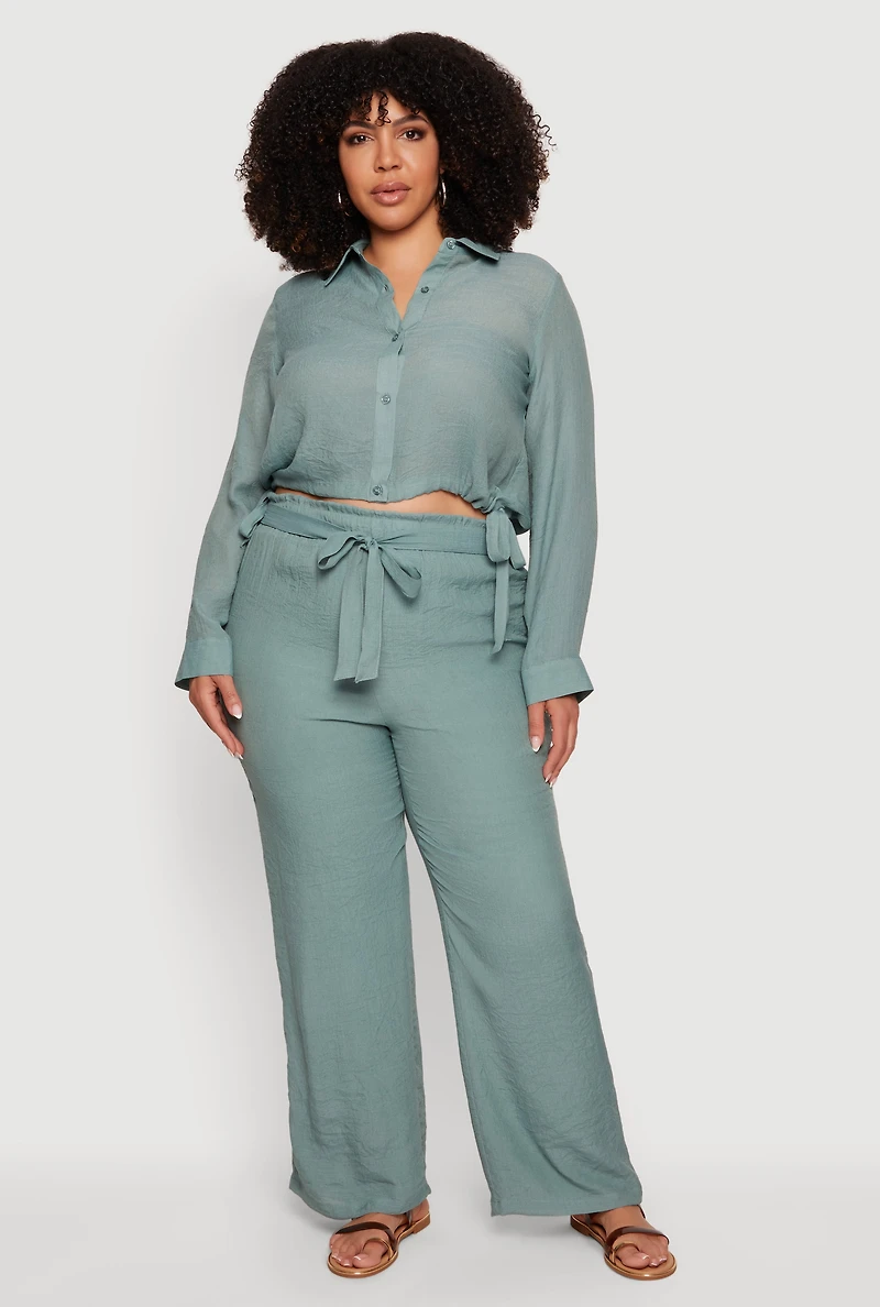 Plus Gauze Knit Cropped Button Front Shirt