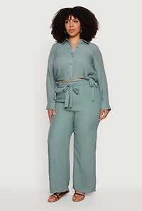 Plus Gauze Knit Cropped Button Front Shirt