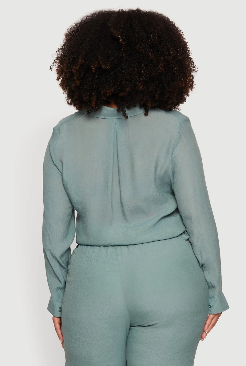 Plus Gauze Knit Cropped Button Front Shirt
