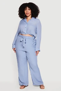 Plus Gauze Knit Cropped Button Front Shirt