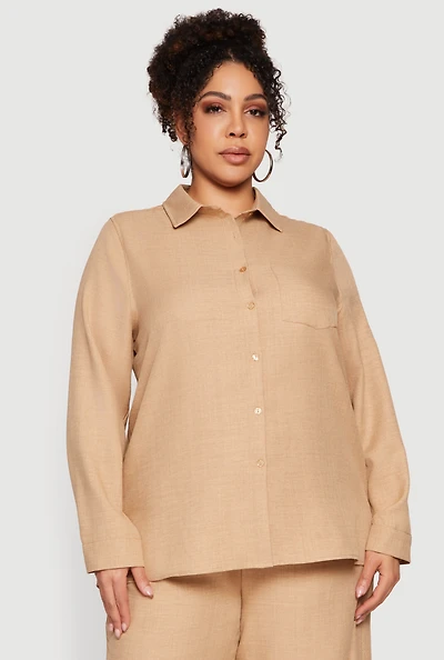 Plus Button Front Collared Long Sleeve Shirt