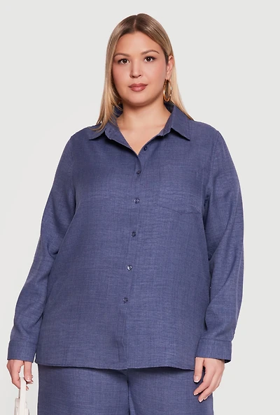 Plus Button Front Collared Long Sleeve Shirt