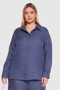 Plus Button Front Collared Long Sleeve Shirt