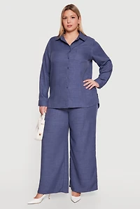 Plus Button Front Collared Long Sleeve Shirt