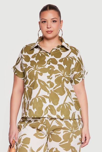 Plus Floral Print Button Front Shirt