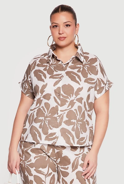 Plus Floral Print Button Front Shirt
