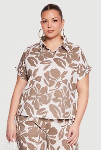 Plus Floral Print Button Front Shirt
