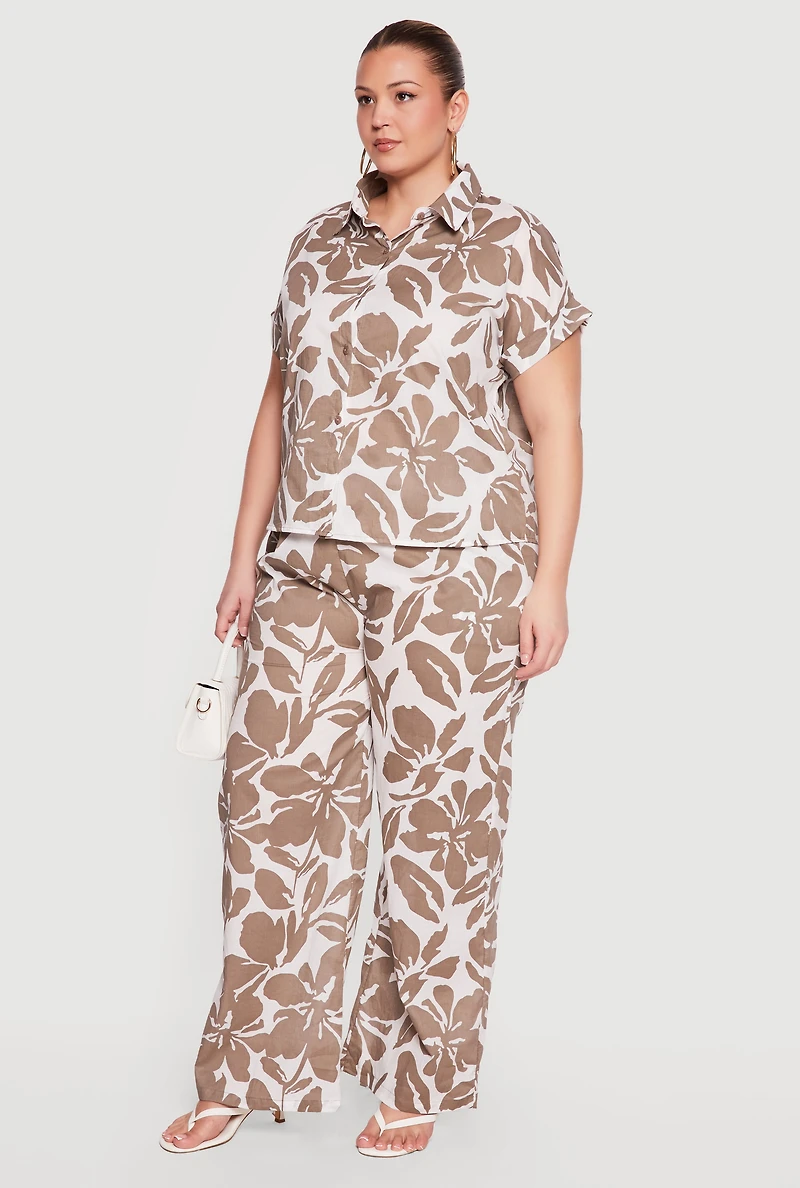 Plus Floral Print Button Front Shirt