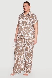 Plus Floral Print Button Front Shirt