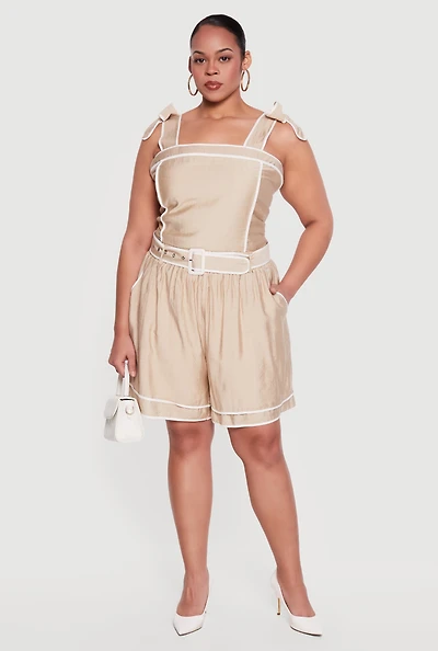 Plus High Waisted Contrast Trim Shorts with Belt