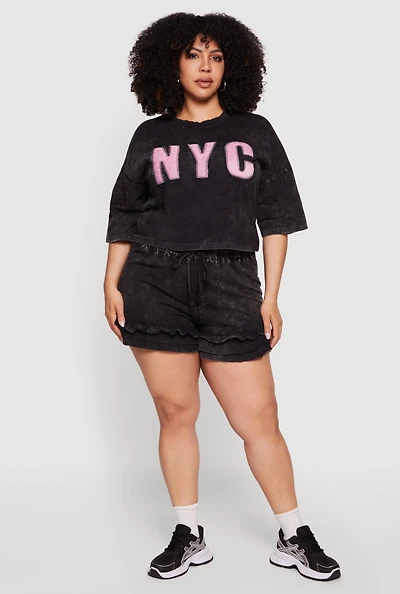 Plus Acid Wash Ruffle Trim Shorts