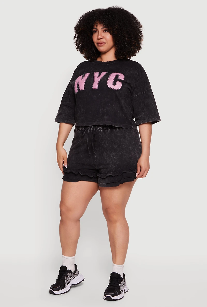 Plus Acid Wash Ruffle Trim Shorts