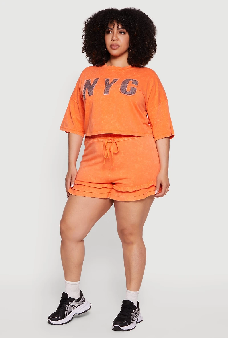 Plus Acid Wash Ruffle Trim Shorts