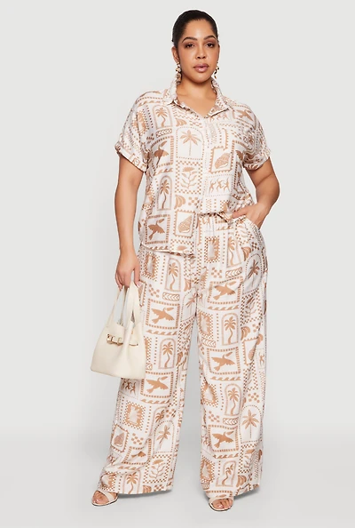 Plus Patterned Crepe Knit Pull On Wide Leg Pants