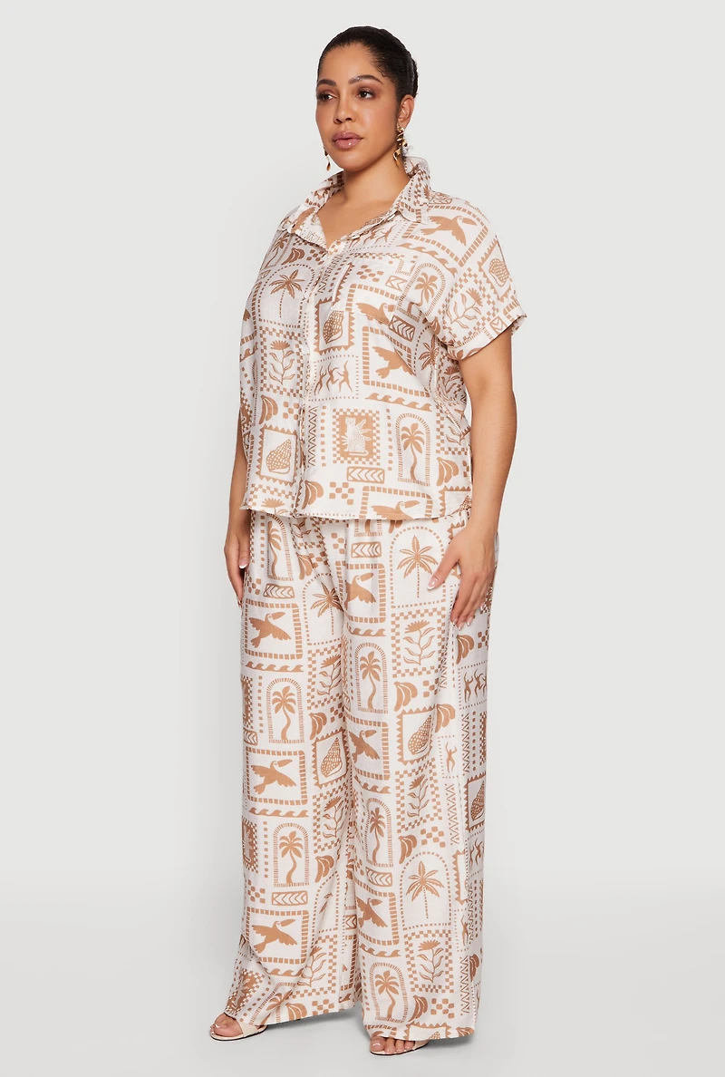 Plus Patterned Crepe Knit Pull On Wide Leg Pants