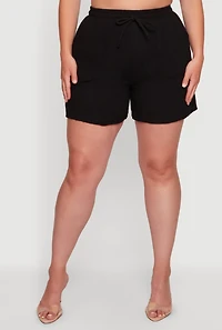 Plus Gauze Knit Drawstring High Waisted Shorts