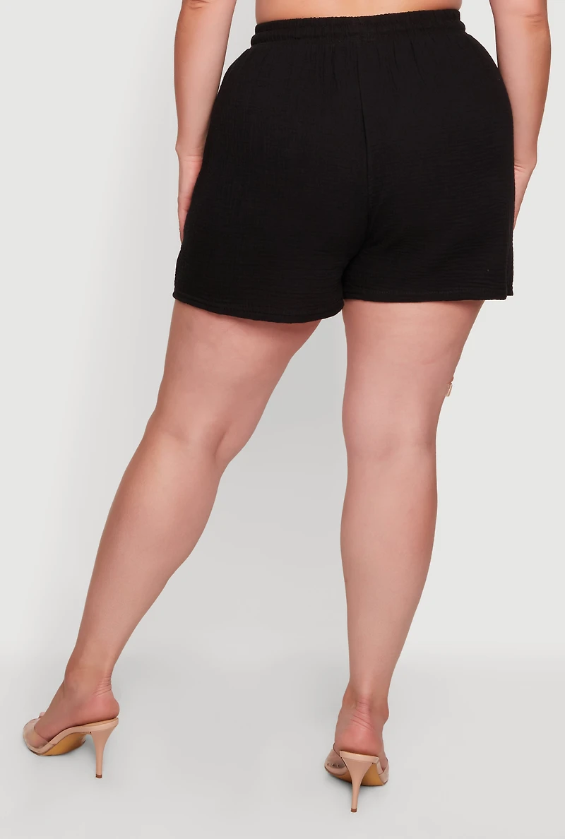 Plus Gauze Knit Drawstring High Waisted Shorts