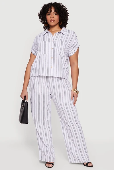 Plus Striped Crepe Knit Wide Leg Pull On Pants