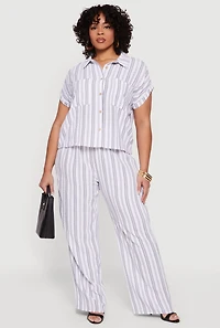 Plus Striped Crepe Knit Wide Leg Pull On Pants