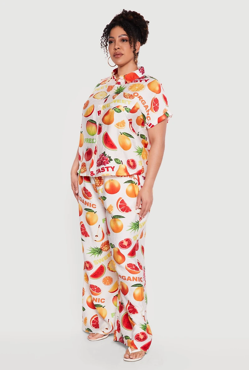 Plus Fruit Print High Waist Wide Leg Pants