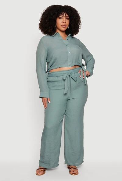 Plus Gauze Knit Tie Waist Belted Wide Leg Pants