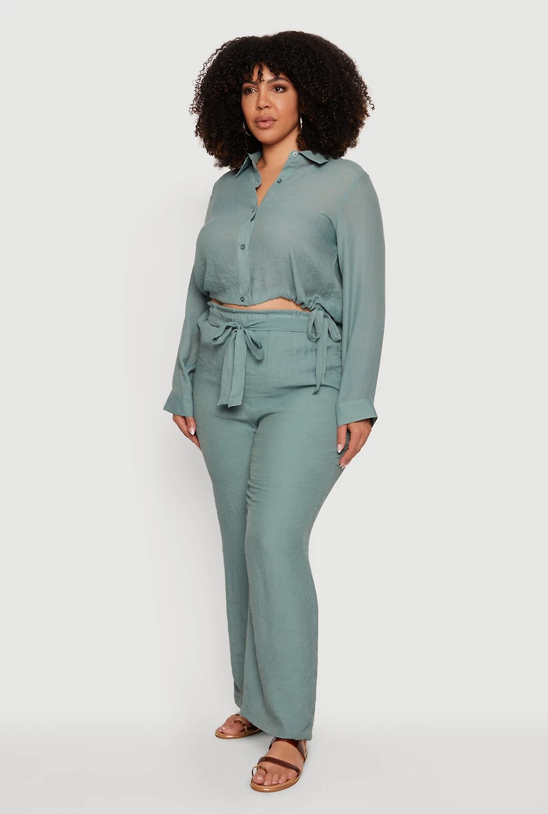 Plus Gauze Knit Tie Waist Belted Wide Leg Pants