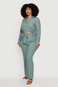 Plus Gauze Knit Tie Waist Belted Wide Leg Pants
