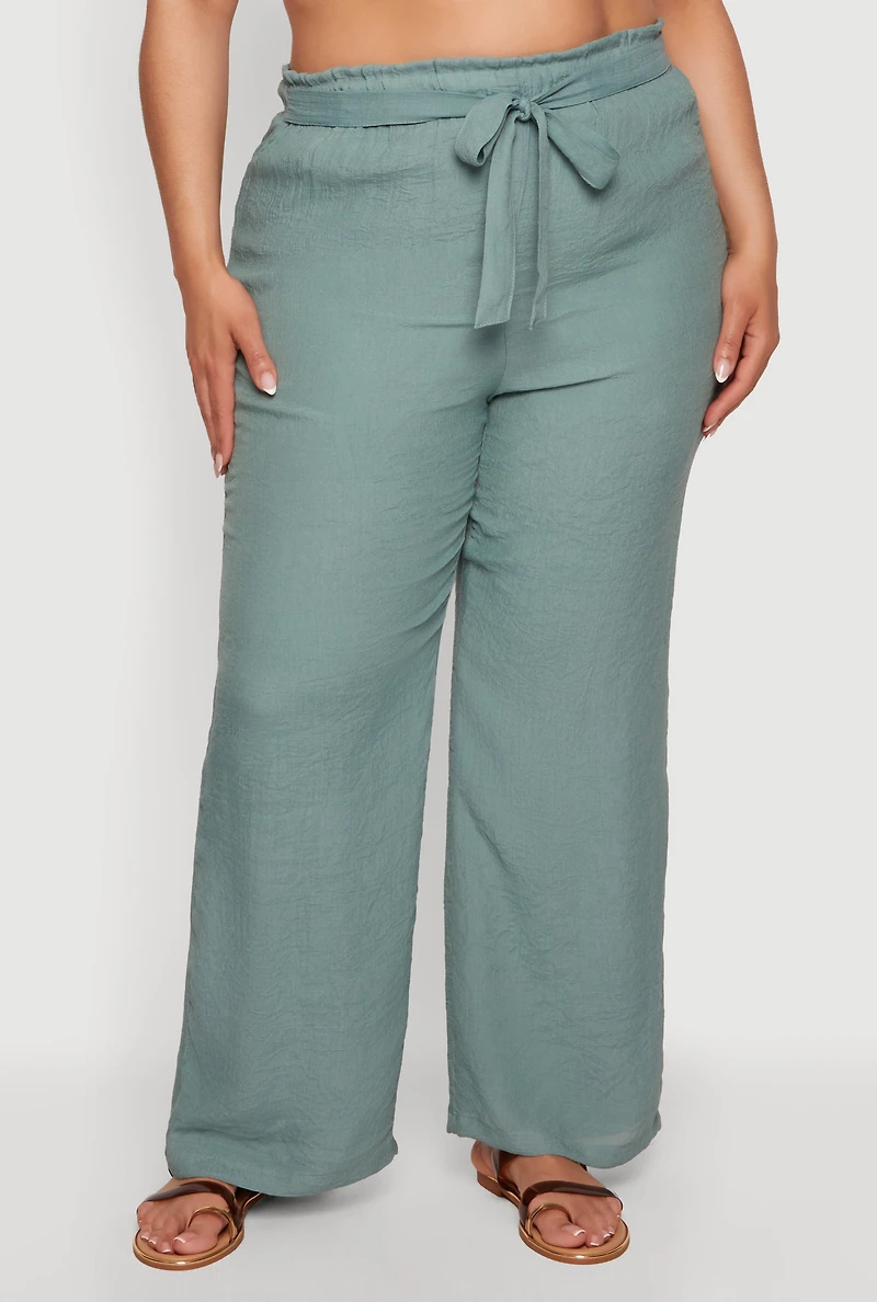 Plus Gauze Knit Tie Waist Belted Wide Leg Pants