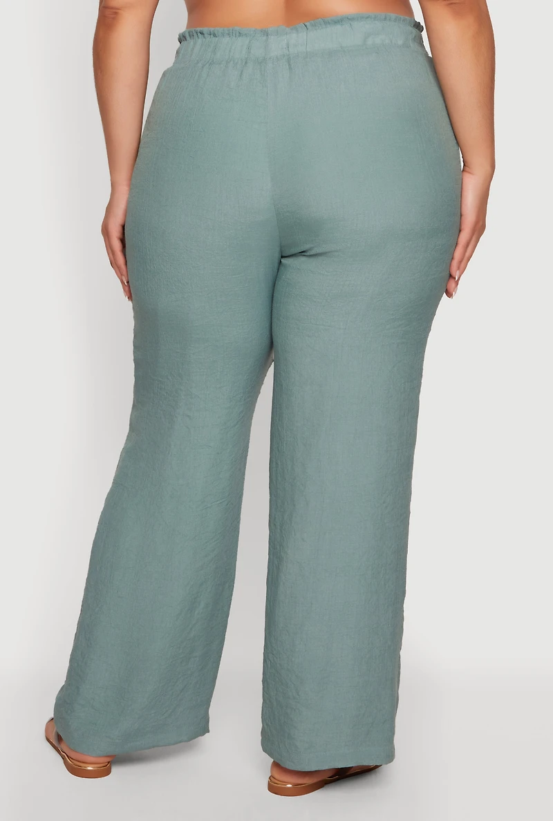 Plus Gauze Knit Tie Waist Belted Wide Leg Pants