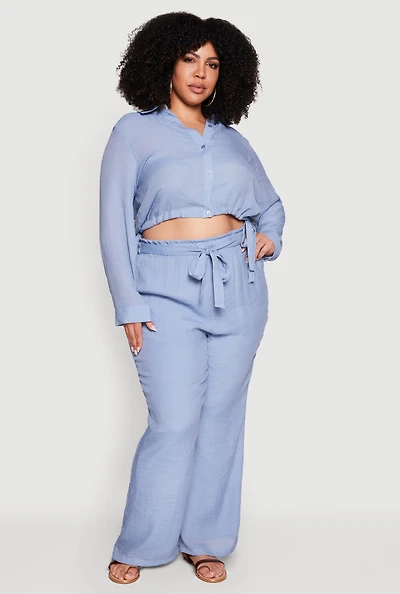 Plus Gauze Knit Tie Waist Belted Wide Leg Pants