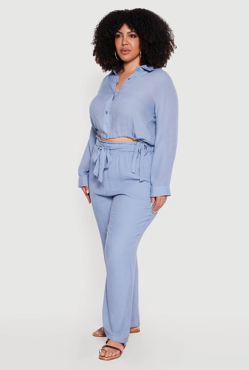 Plus Gauze Knit Tie Waist Belted Wide Leg Pants