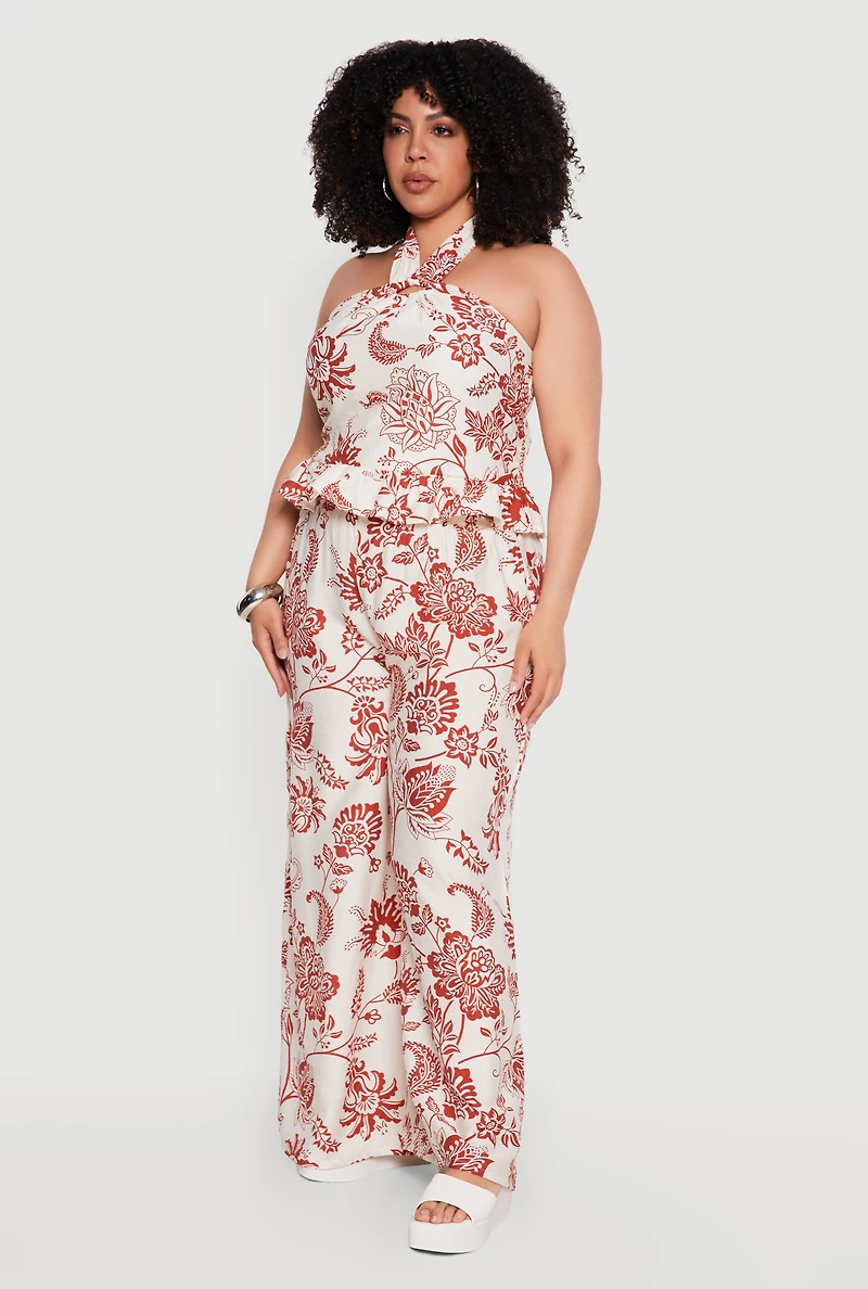 Plus Printed Pattern Wide Leg Casual Pants
