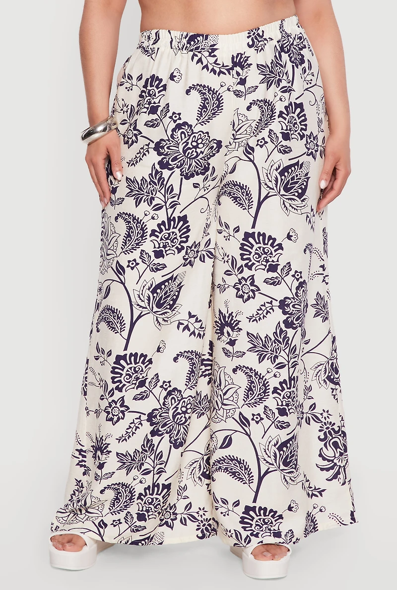Plus Printed Pattern Wide Leg Casual Pants