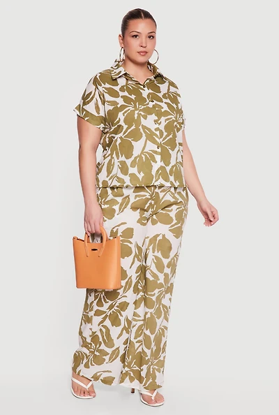 Plus Floral Print High Waisted Wide Leg Pants