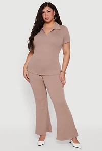 Plus Solid Rib Knit High Waisted Wide Leg Pants