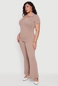 Plus Solid Rib Knit High Waisted Wide Leg Pants