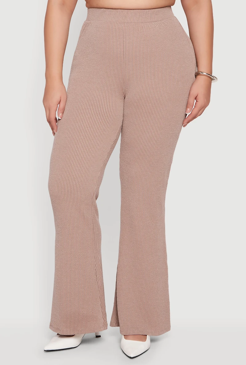 Plus Solid Rib Knit High Waisted Wide Leg Pants