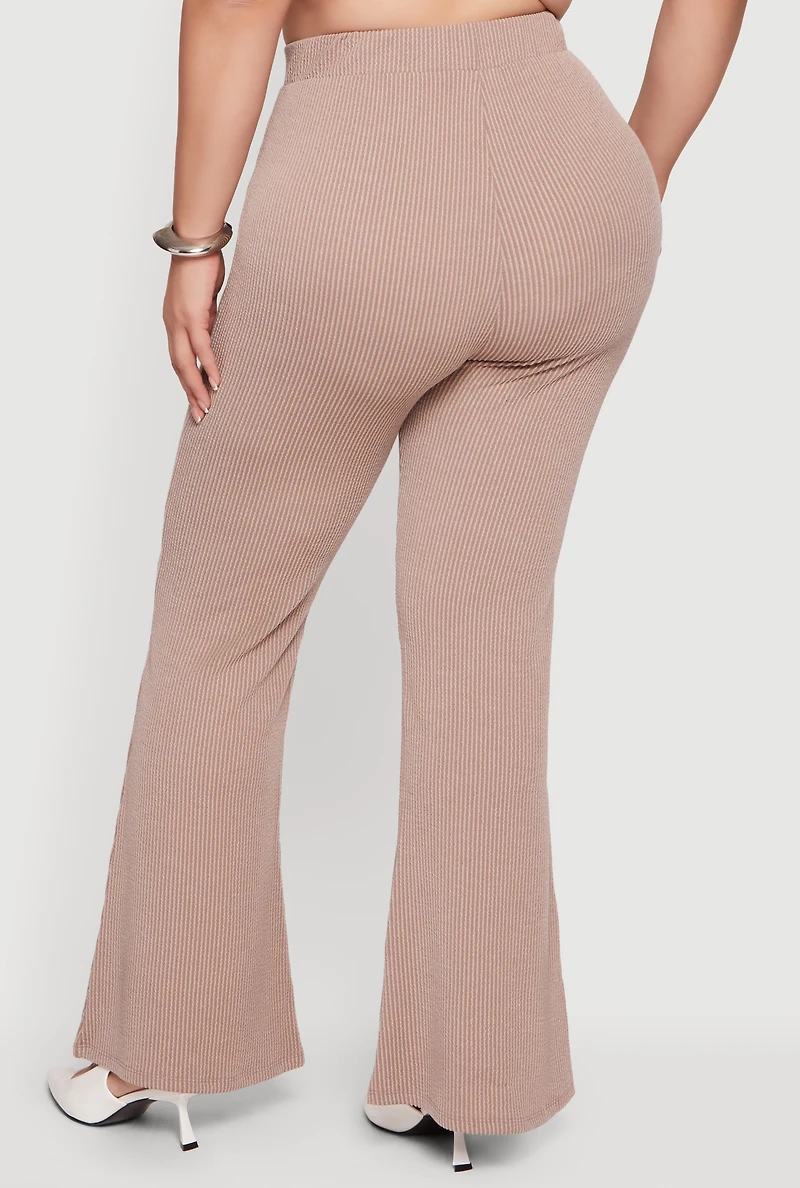 Plus Solid Rib Knit High Waisted Wide Leg Pants
