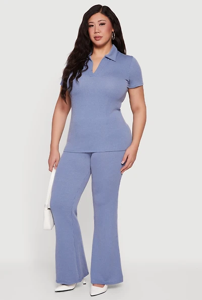 Plus Solid Rib Knit High Waisted Wide Leg Pants