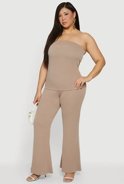 Plus Rib Knit Pull On Flare Pants